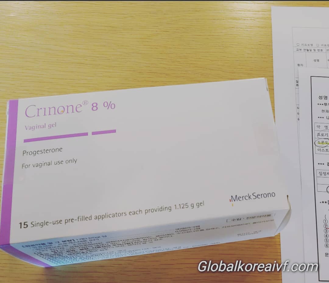 난자기증 또는 직접 난자 채취후  시험관 배아 이식 전에 사용하는 크리논겔입니다. 사용이 간편하다는 장점이 있습니다. 대리모분들 역시 이식전후 수일동안 사용 처방받습니다.