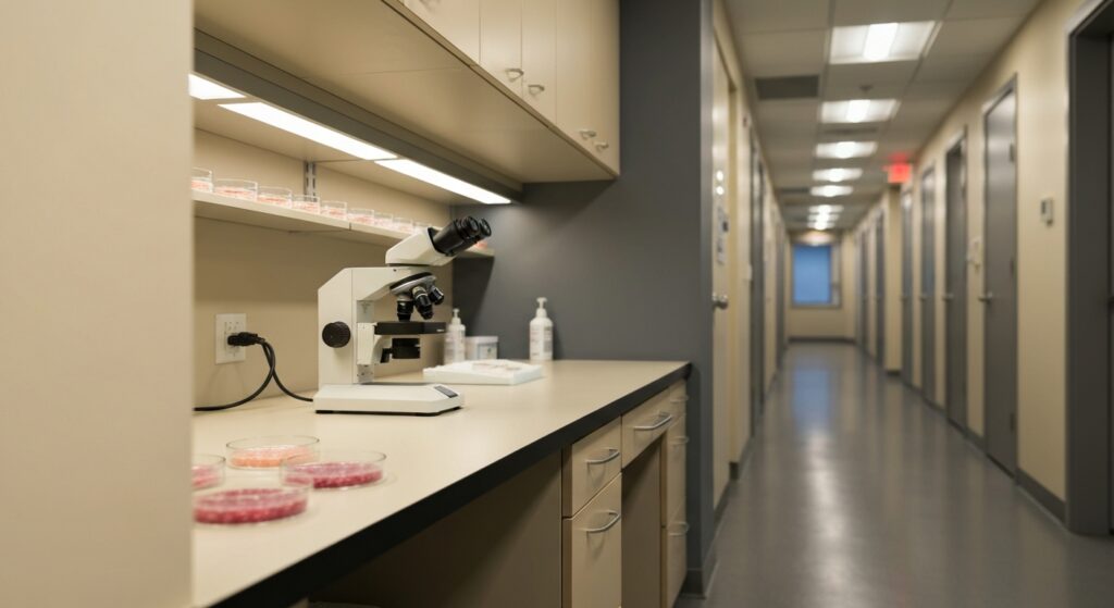 [글로벌] 4기 자궁내막증 환자의 반복 채취와 착상 환 — wide editorial shot of a fertility laboratory with microscope station and ordered sampl