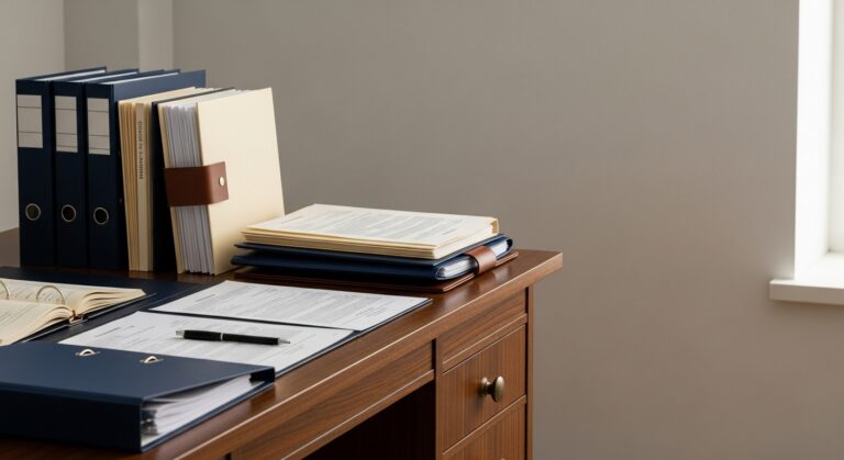 [영국] 영국 정자 기증자 친자 거부 판결이 예비 부모 — A wide cinematic documentary observational shot of a working desk in soft daylight, sli