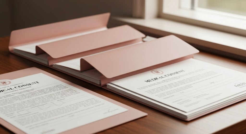 [영국] 정자 기증자, 나중에 법적 부모 권리를 주장할 — Wide cinematic shot of legal folders and medical consent documents, meticulously arrang