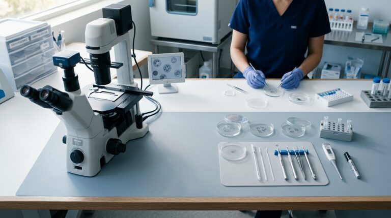 [영국] 실험실에서 만드는 정자와 난자, 우리 삶을 어 — A wide, cinematic overhead flat-lay of a modern fertility laboratory workstation. A hig