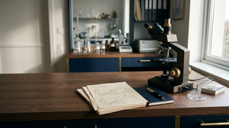 [영국] 노화된 난자를 젊게 만드는 기술, 내 시험관 — A wide cinematic 16:9 shot of a clean, professional workspace featuring a high-end micr