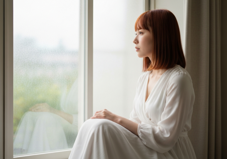 시험관 시술이 파트너와의 관계에 미치는 영향과 극복 방 — Person seated alone by a frosted glass window in a private clinic waiting area, peacefu