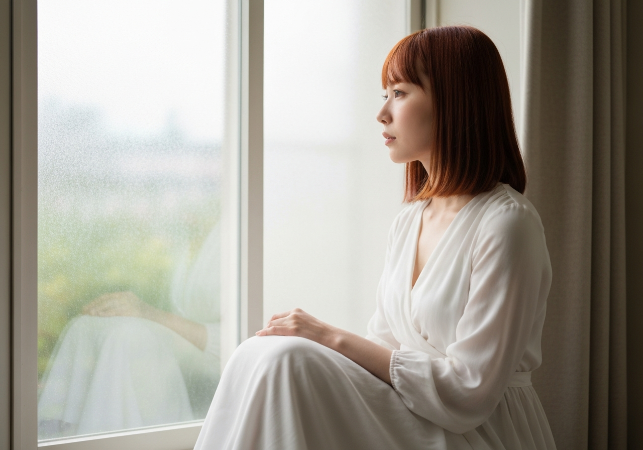 시험관 시술이 파트너와의 관계에 미치는 영향과 극복 방 — Person seated alone by a frosted glass window in a private clinic waiting area, peacefu
