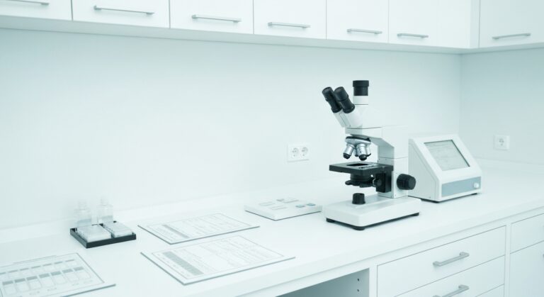 3일 배아와 5일 배아, 등급보다 중요한 이식 시점의 — Precision fertility laboratory with clean microscope station and neatly arranged sample
