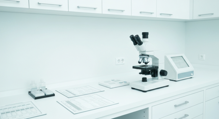3일 배아와 5일 배아, 등급보다 중요한 이식 시점의 — Precision fertility laboratory with clean microscope station and neatly arranged sample