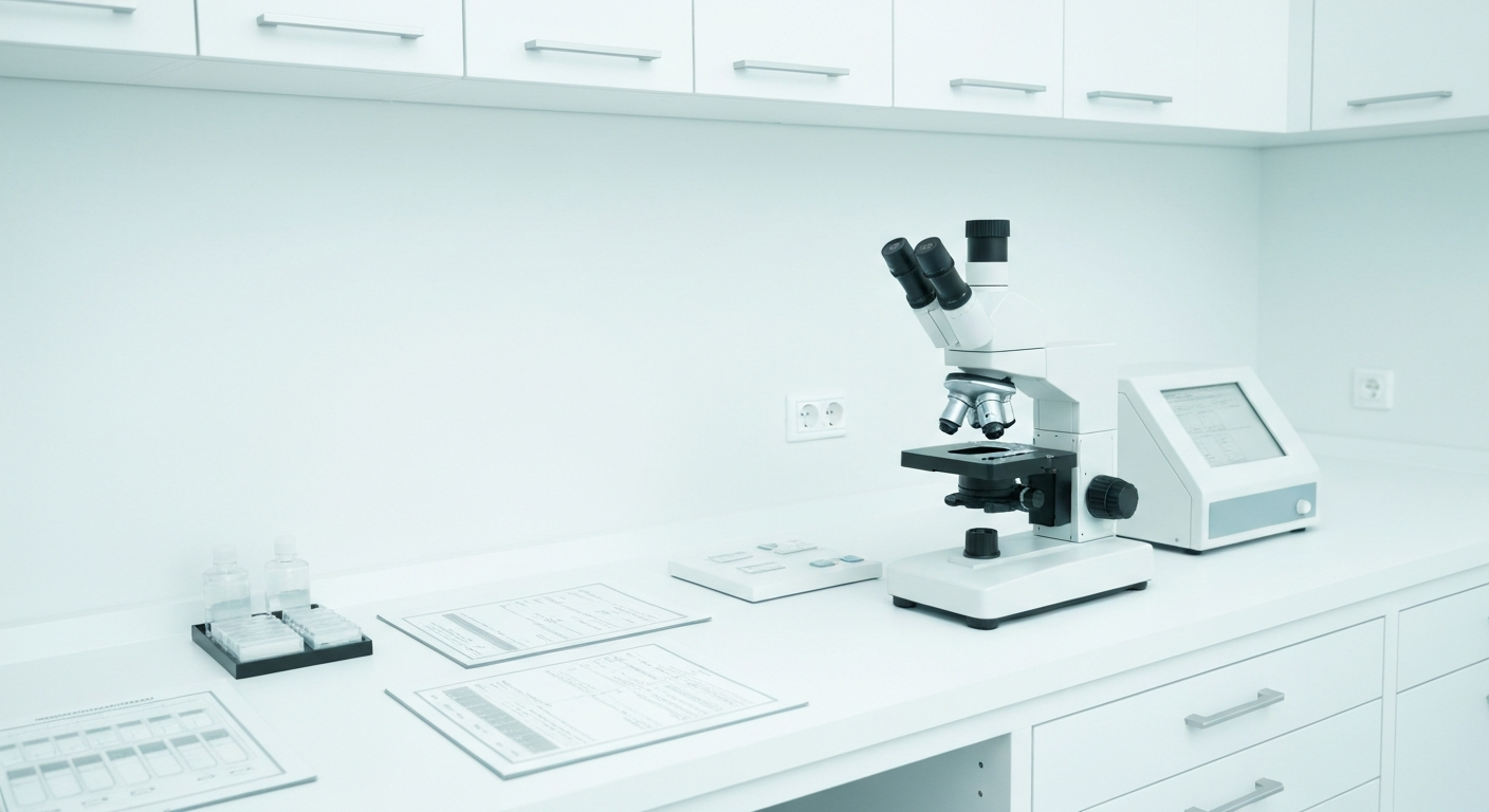 3일 배아와 5일 배아, 등급보다 중요한 이식 시점의 — Precision fertility laboratory with clean microscope station and neatly arranged sample