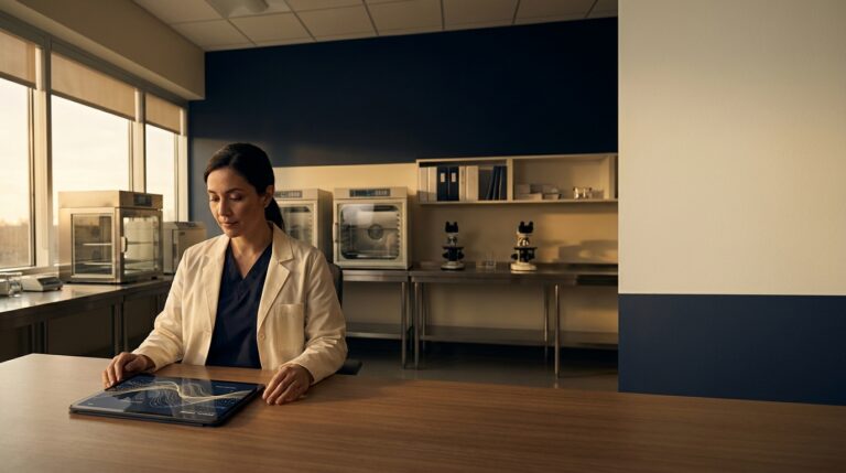[글로벌] 간소화된 난자 동결 프로토콜과 AI 평가 기 — A wide cinematic shot of a professional embryologist in a clean, modern lab, viewed fro