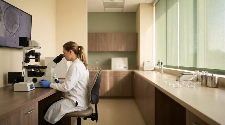 [영국] 50대 시험관 아기, 기증 난자 선택 전 무엇 — A wide cinematic shot of a modern, clean embryology laboratory. On the left, a focused