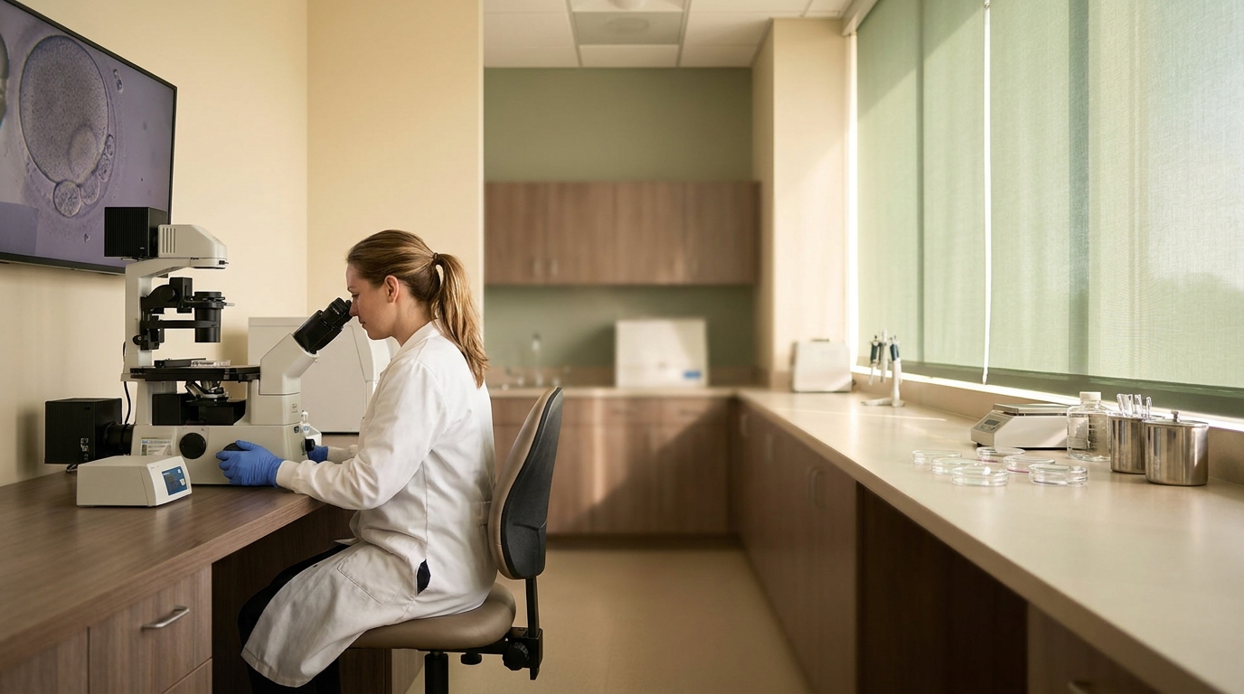 [영국] 50대 시험관 아기, 기증 난자 선택 전 무엇 — A wide cinematic shot of a modern, clean embryology laboratory. On the left, a focused