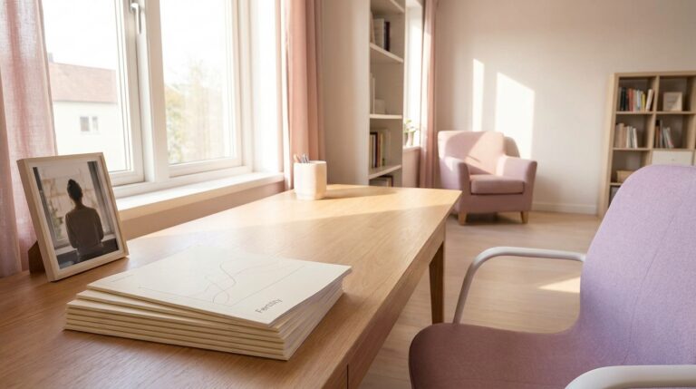 난임 치료 중 스트레스, 임신 성공률에 정말 영향을 줄 — A wide cinematic shot of a sunlit home study with a soft blush pink and lavender color