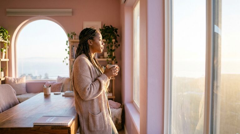 난임 치료 중 직장 생활 관리: 준비와 소통의 중요성 — A wide cinematic shot of a diverse woman in her 30s standing by a large window in a sunl