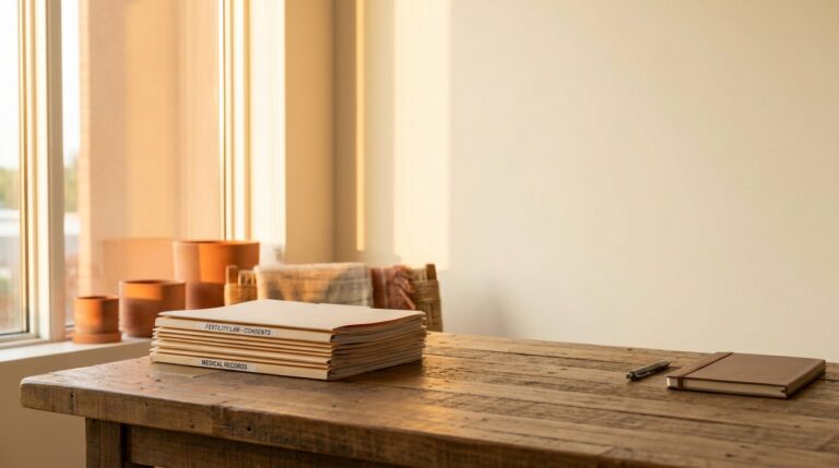 남아프리카공화국 난자 공여 IVF 절차와 항목별 비용 — A wide cinematic shot of a clean, sunlit wooden desk featuring a neatly organized stack
