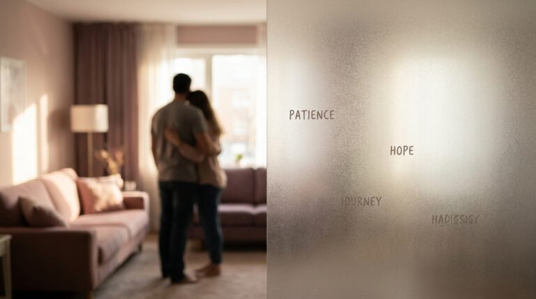 시험관 시술이 파트너와의 관계에 미치는 영향과 극복 방 — A wide cinematic shot of a diverse couple standing in a sunlit living room, viewed thro